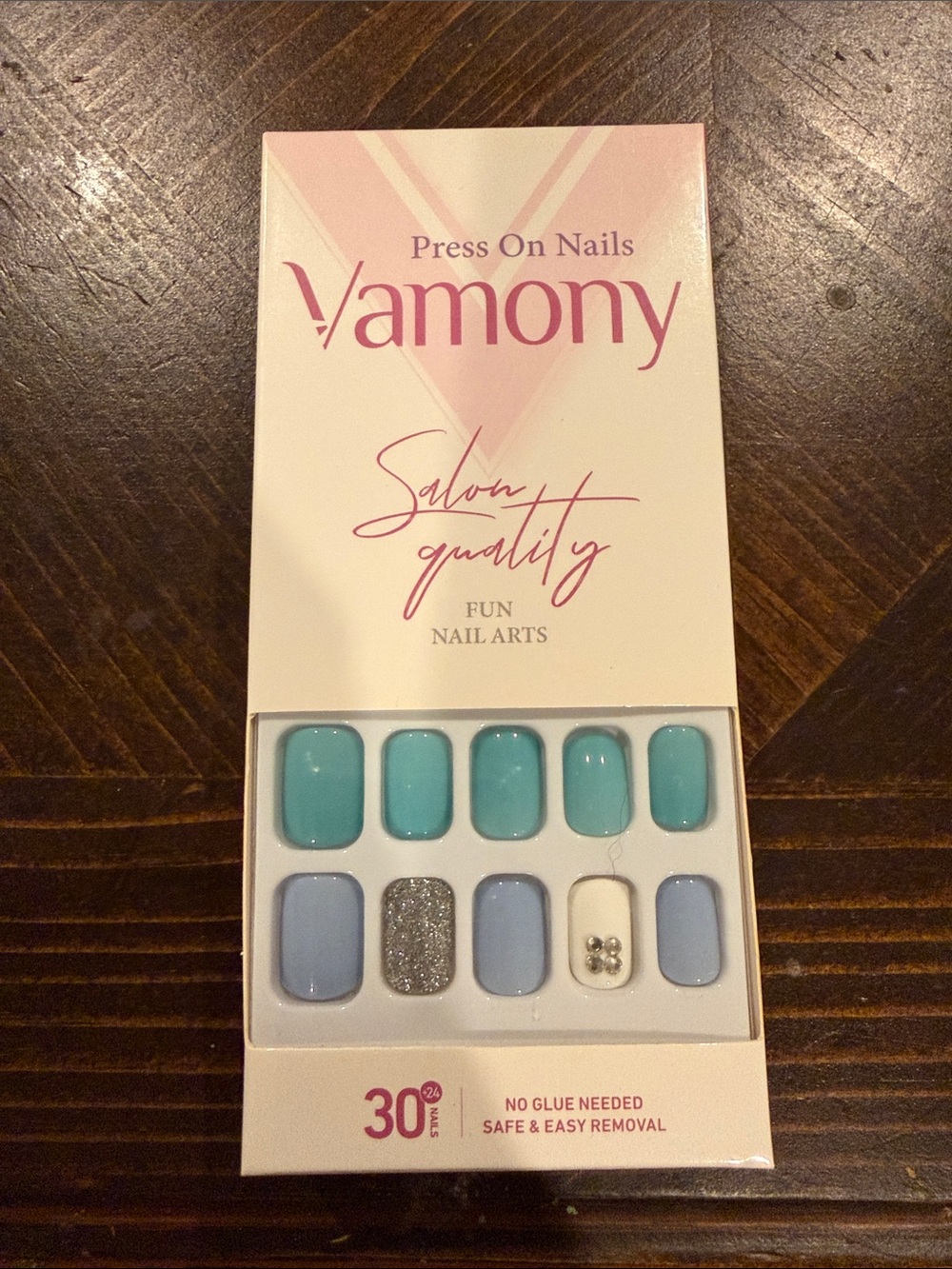 Press-On Nail Set — Teal, Light Blue & Silver Accent